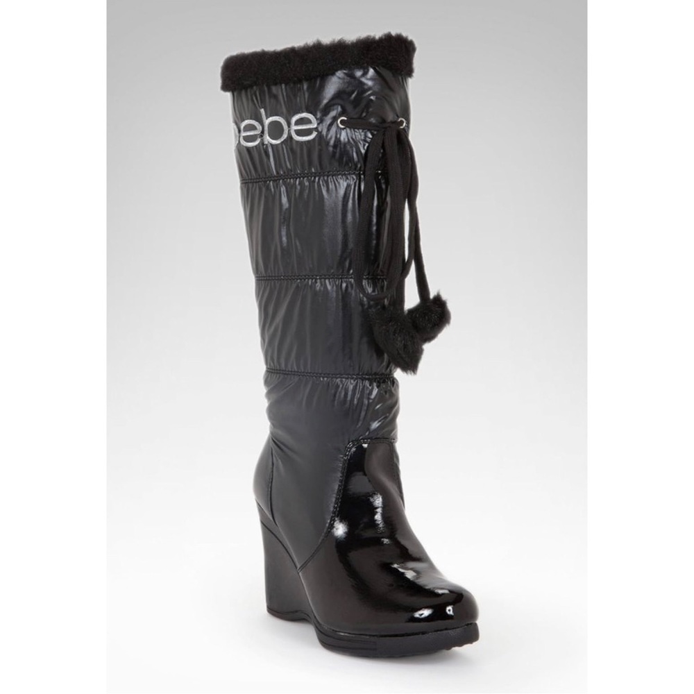 Bebe Rafa Tall Black Fur Trim Logo Puffer Wedge Boot
